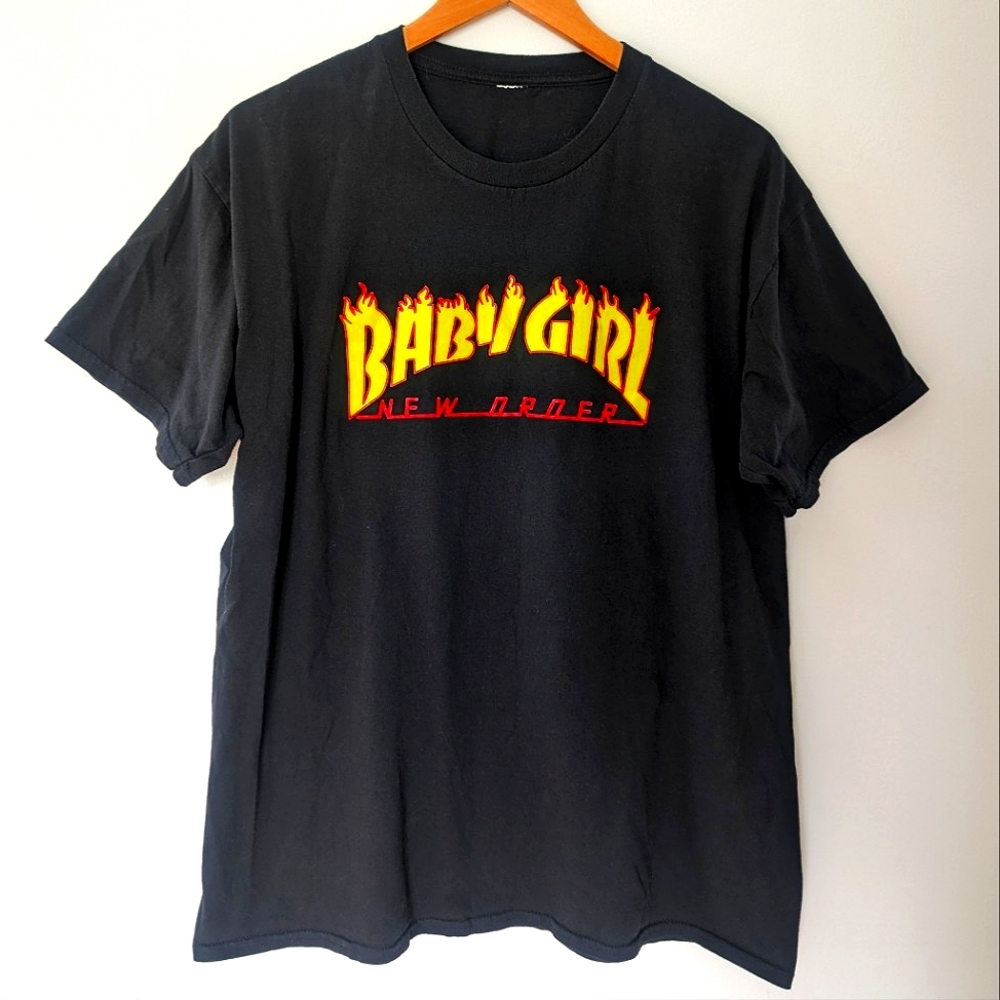 Baby Girl New Order Graphic Flaming Thrasher Font Black T-shirt